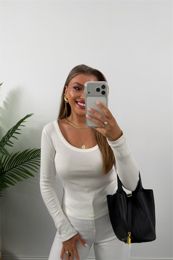 U Yaka %100 Pamuklu Likralı Basic Body Beyaz