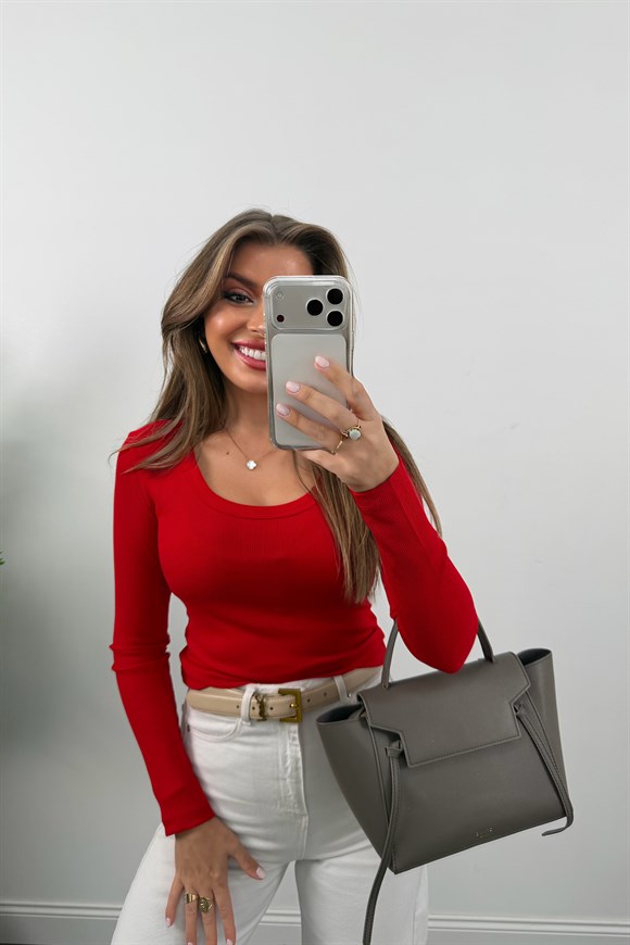 U Yaka %100 Pamuklu Likralı Basic Body Tatlı Kırmızı 