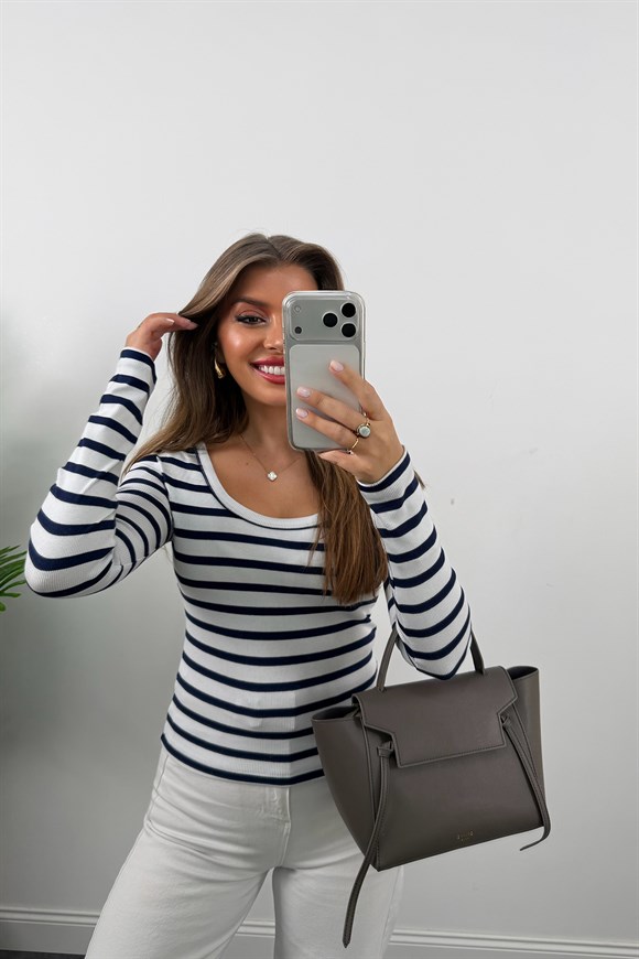 U Yaka %100 Pamuklu Likralı Basic Body Lacivert Beyaz Çizgili