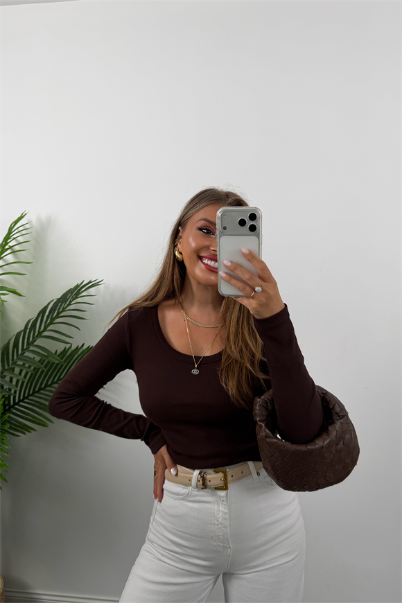 U Yaka %100 Pamuklu Likralı Basic Body Acı Kahve