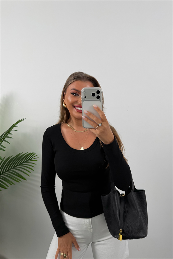 U Yaka %100 Pamuklu Likralı Basic Body Siyah