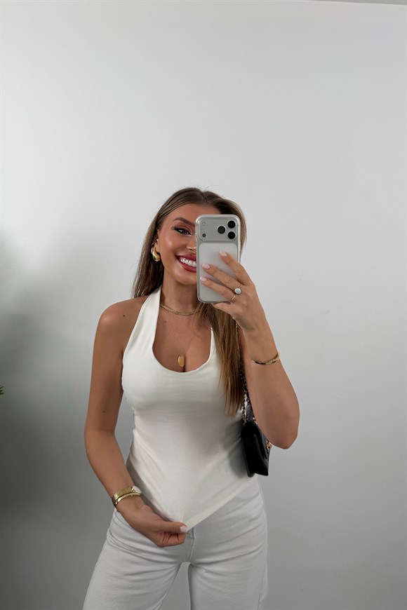 U Yaka Boyundan Geçmeli Likralı Pamuklu Atlet Ekru