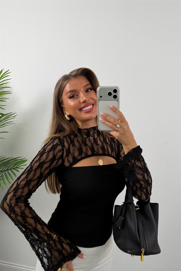 Üstü Dantel Tasarım İspanyol Kol Tam Pamuklu Likralı Bluz