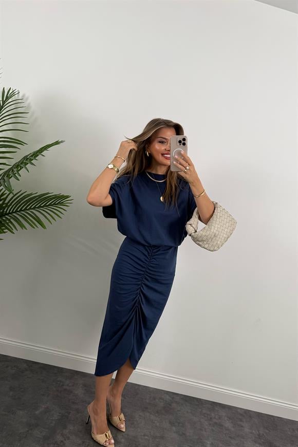 Üstü dökümlü Likralı Drapeli Midi Boy Tasarım Elbise İndigo