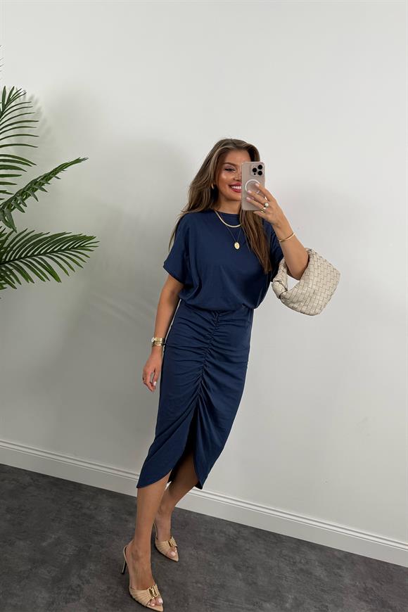 Üstü dökümlü Likralı Drapeli Midi Boy Tasarım Elbise İndigo