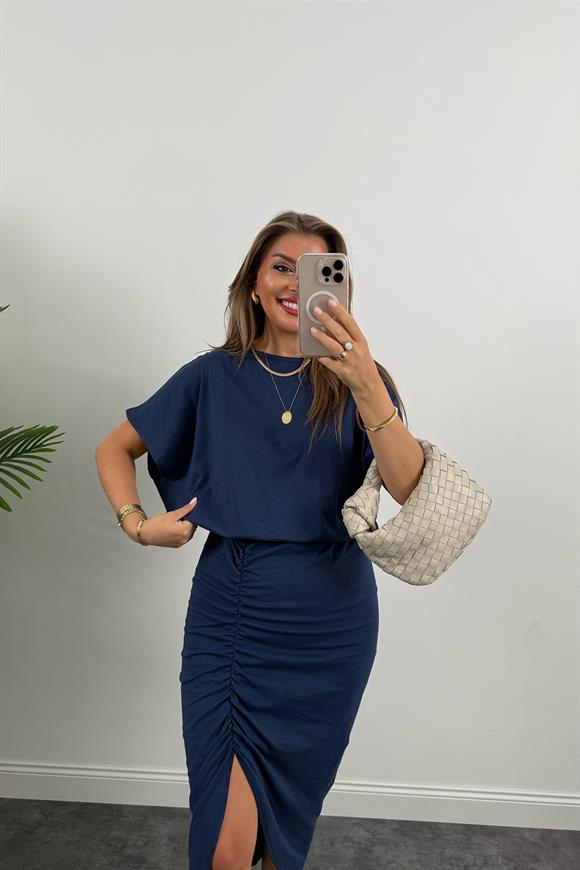 Üstü dökümlü Likralı Drapeli Midi Boy Tasarım Elbise İndigo