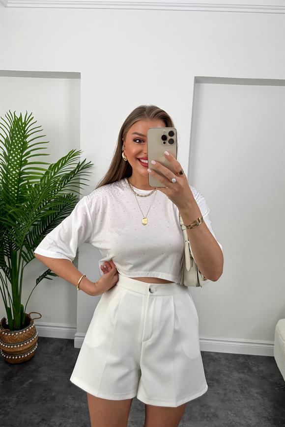 Üstü Serpme Taşlı Kısa Basic Tshirt Beyaz