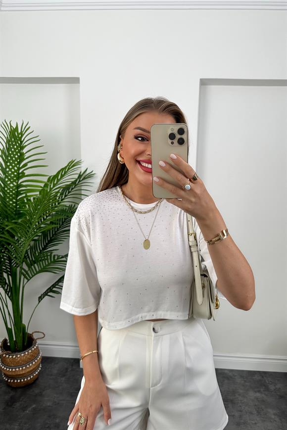 Üstü Serpme Taşlı Kısa Basic Tshirt Beyaz