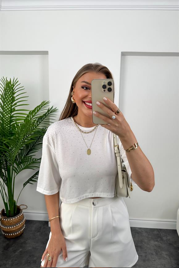 Üstü Serpme Taşlı Kısa Basic Tshirt Beyaz
