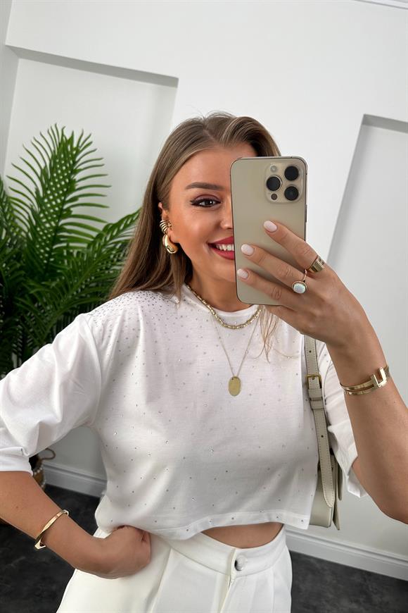 Üstü Serpme Taşlı Kısa Basic Tshirt Beyaz