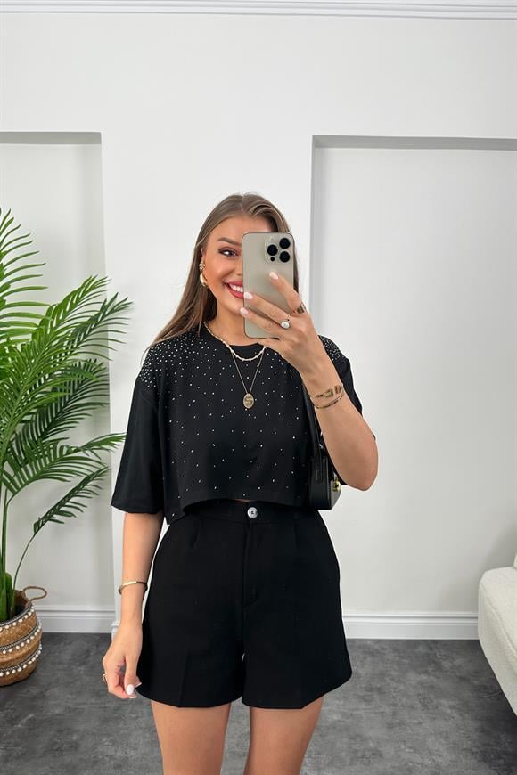 Üstü Serpme Taşlı Kısa Basic Tshirt Siyah