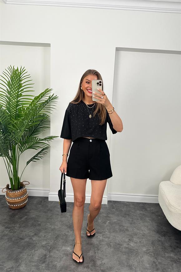 Üstü Serpme Taşlı Kısa Basic Tshirt Siyah