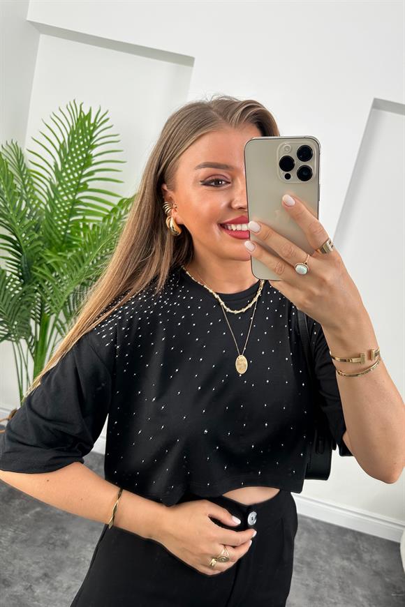 Üstü Serpme Taşlı Kısa Basic Tshirt Siyah