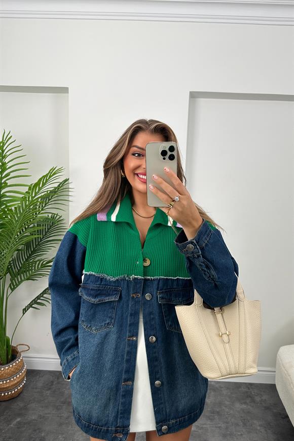 Üstü Yeşil Triko Tasarım Jean Ceket