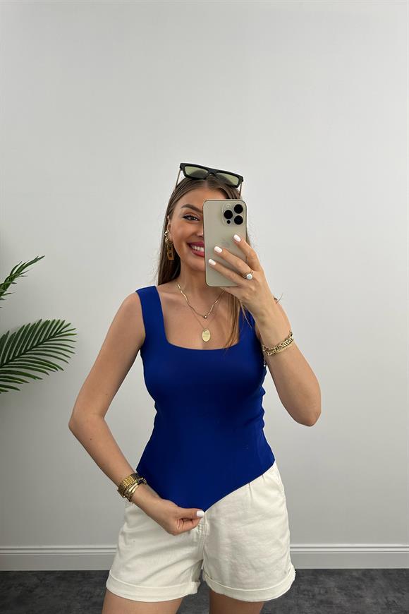 Uzun Boy Elit Triko Kare Yaka Likralı Atlet Sax Mavi