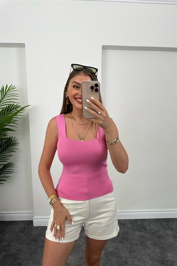 Uzun Boy Elit Triko Kare Yaka Likralı Atlet Pembe