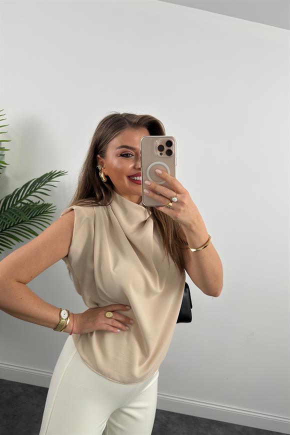 Vatkalı Drapeli Dik Yaka İpekli Krep Bluz Taş