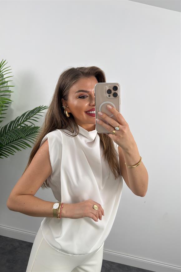 Vatkalı Drapeli Dik Yaka İpekli Krep Bluz Beyaz