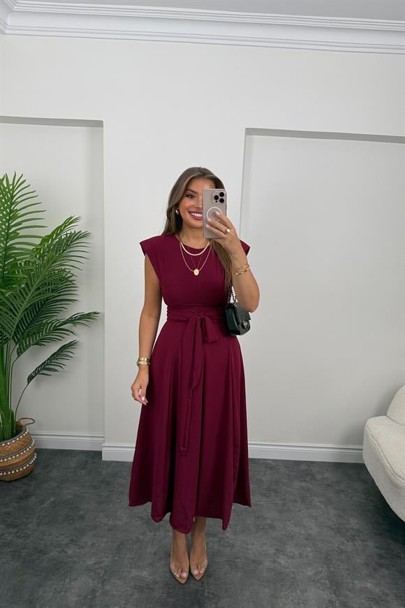 Vatkalı Kuşaklı Maxi Kloş Elbise Bordo
