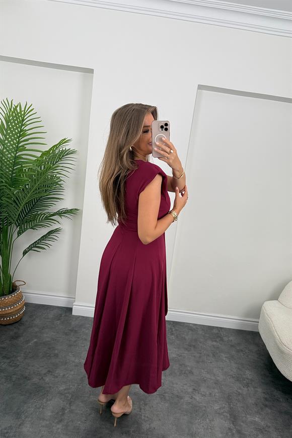 Vatkalı Kuşaklı Maxi Kloş Elbise Bordo