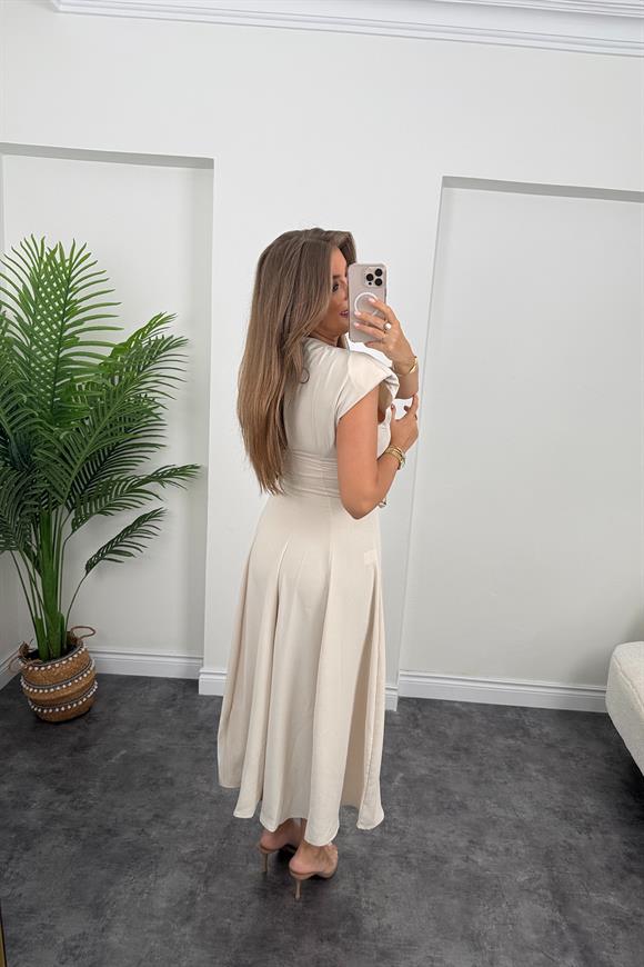 Vatkalı Kuşaklı Maxi Kloş Elbise Taş