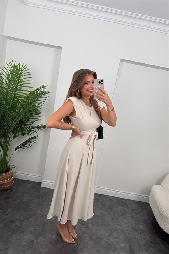 Vatkalı Kuşaklı Maxi Kloş Elbise Taş