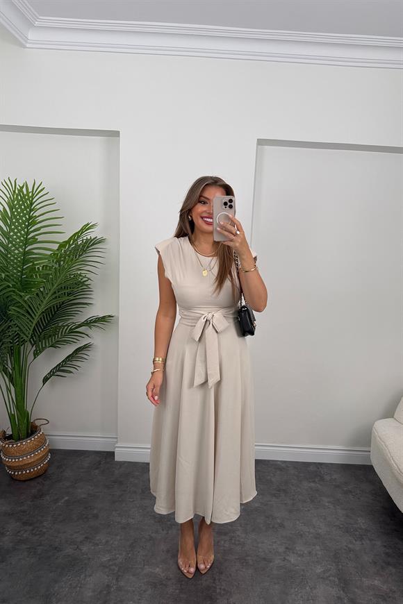 Vatkalı Kuşaklı Maxi Kloş Elbise Taş