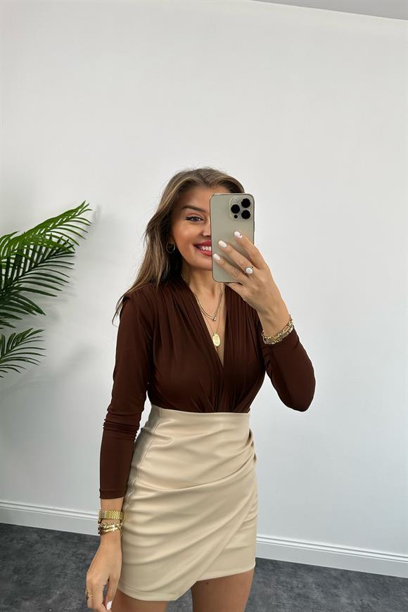 Vatkalı Likralı Bodysuit Kahverengi
