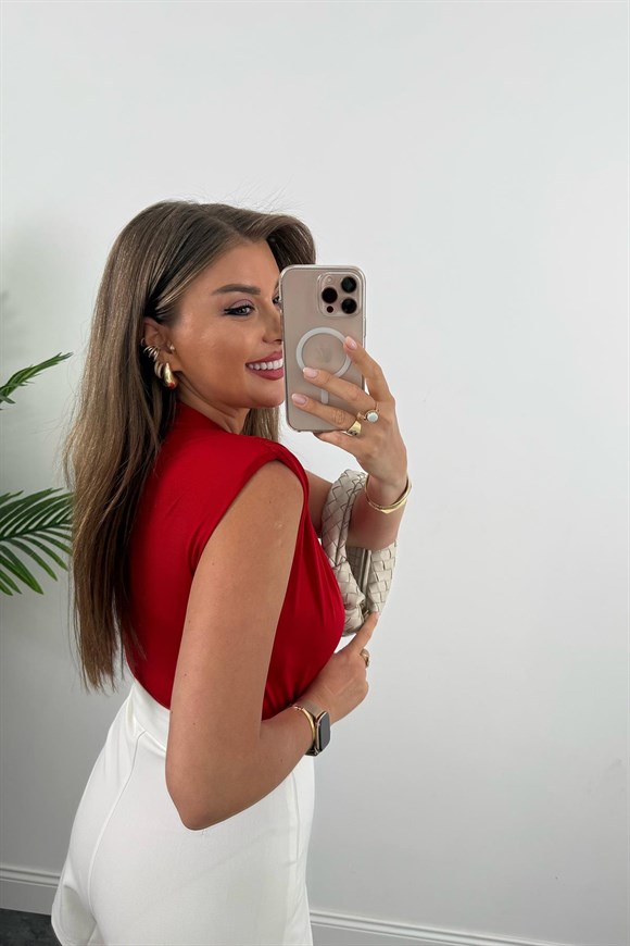 Vatkalı Likralı Sıfır Kol Drapeli Bodysuit Kırmızı 