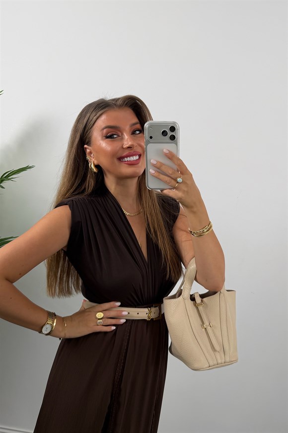 Vatkalı Likralı Sıfır Kol Drapeli Bodysuit Kahverengi 