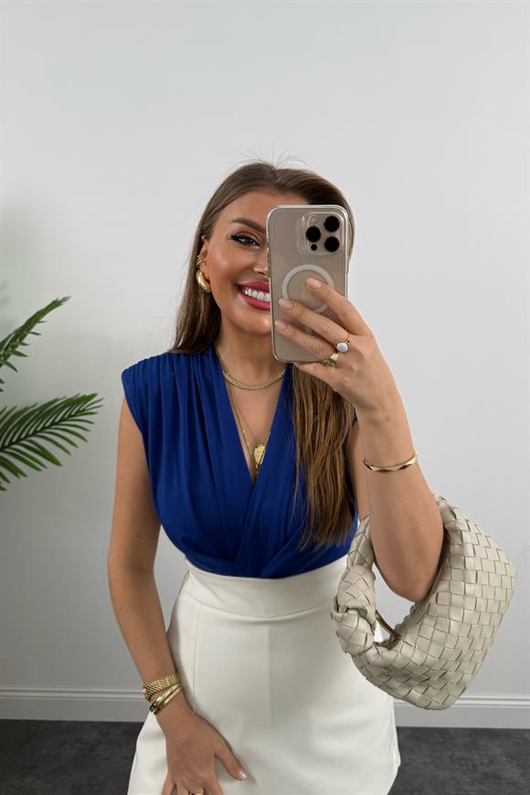 Vatkalı Likralı Sıfır Kol Drapeli Bodysuit Sax Mavi