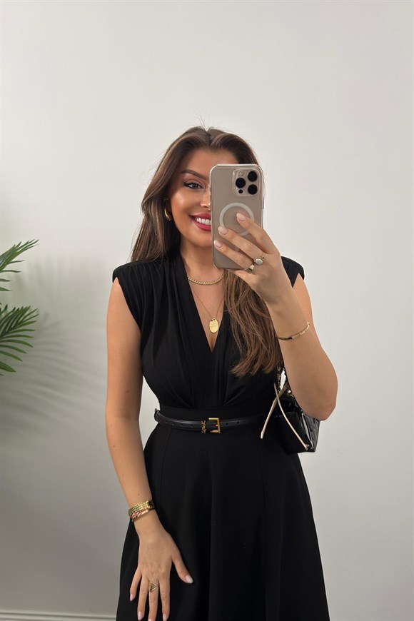 Vatkalı Likralı Sıfır Kol Drapeli Bodysuit Siyah 