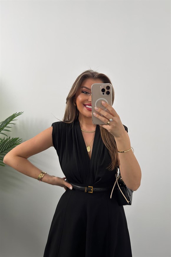 Vatkalı Likralı Sıfır Kol Drapeli Bodysuit Siyah 