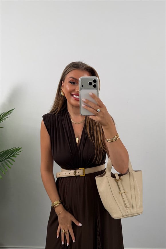 Vatkalı Likralı Sıfır Kol Drapeli Bodysuit Kahverengi 