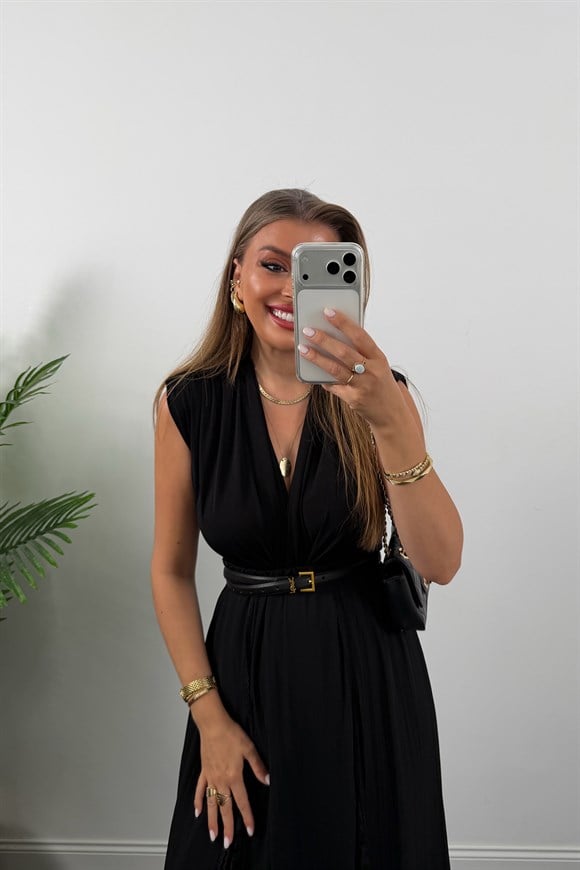 Vatkalı Likralı Sıfır Kol Drapeli Bodysuit Siyah 