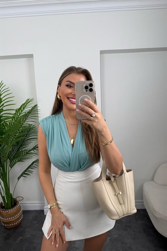 Vatkalı Likralı Sıfır Kol Drapeli Bodysuit Mint