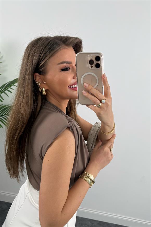 Vatkalı Likralı Sıfır Kol Drapeli Bodysuit Süt Kahve
