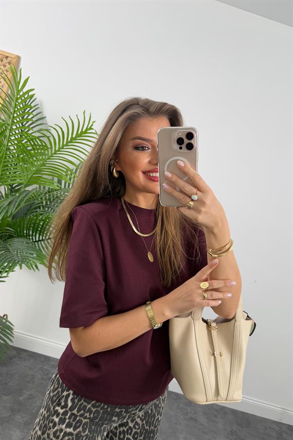 Vatkalı Tok Kumaş Premium Kalite Tam Pamuklu Tshirt Bordo