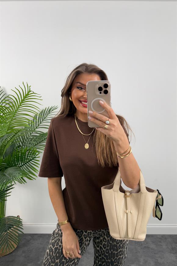 Vatkalı Tok Kumaş Premium Kalite Tam Pamuklu Tshirt Acı Kahve