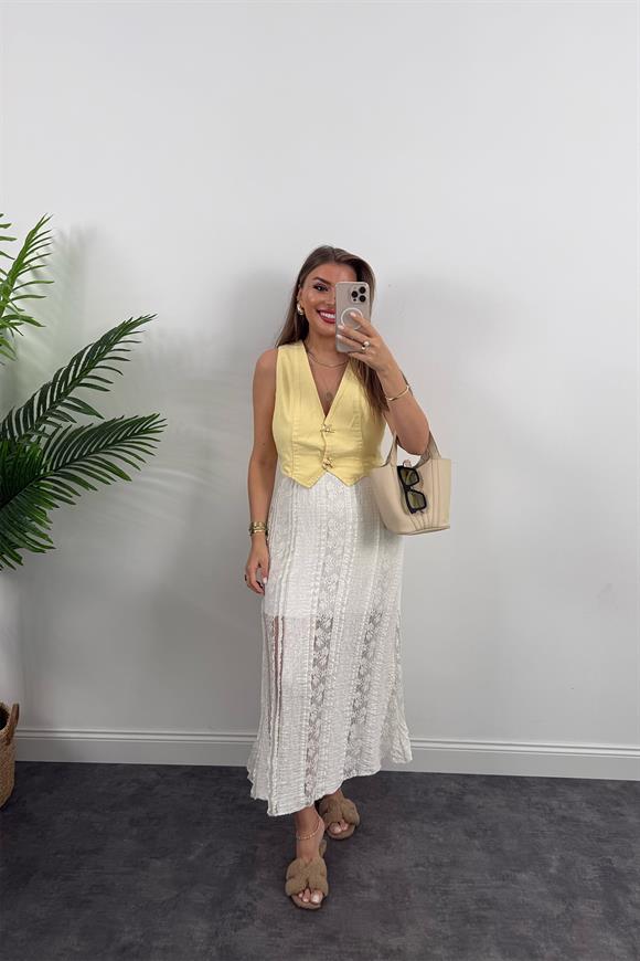 Verev Kesim Likralı Maxi Dantel Etek Ekru