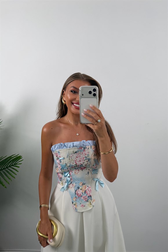 Victoria Tasarım Korse Bluz Mavi Çiçekli