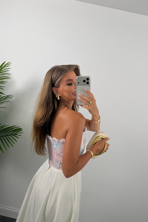Victoria Tasarım Korse Bluz Pembe Çiçekli