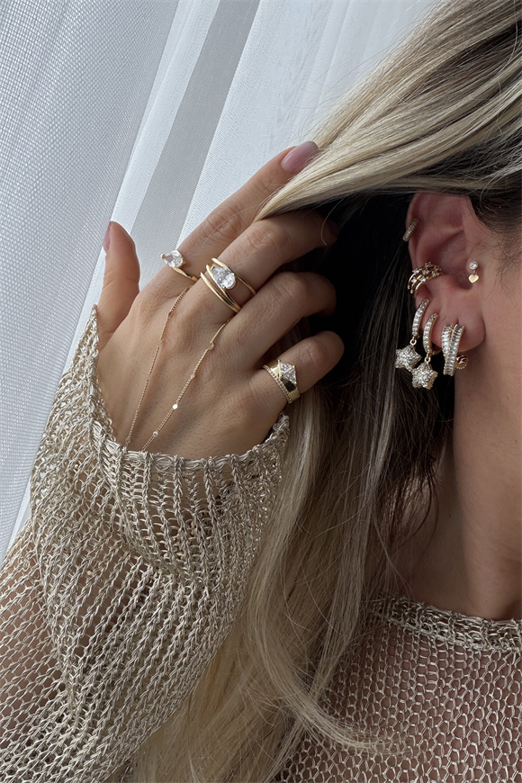 Xupıng Bombeli Zirkon Taşlı Halka Yıldız Küpe