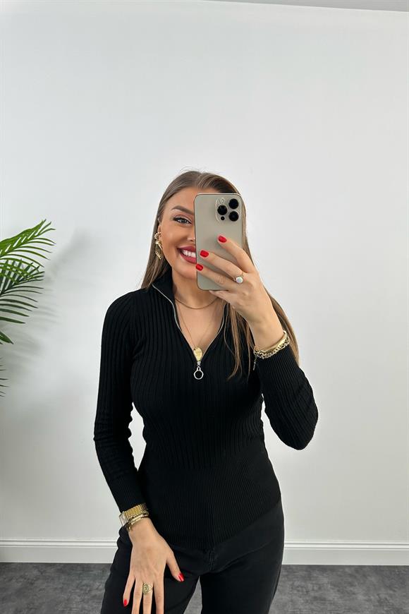 Yakası Fermuarlı Dik Yaka Fitilli Balıkçı Triko Siyah