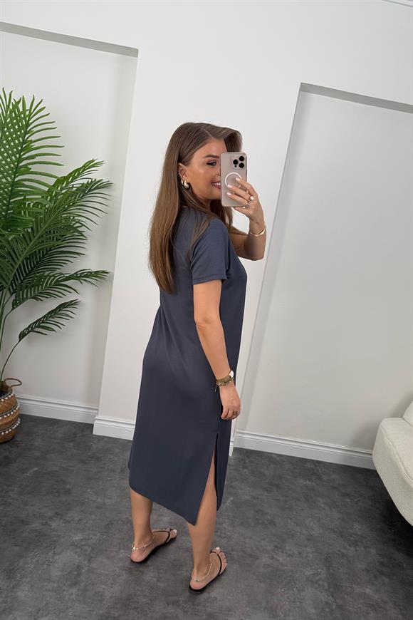 Yanı Yırtmaçlı Midi Boy Basic Elbise Antrasit