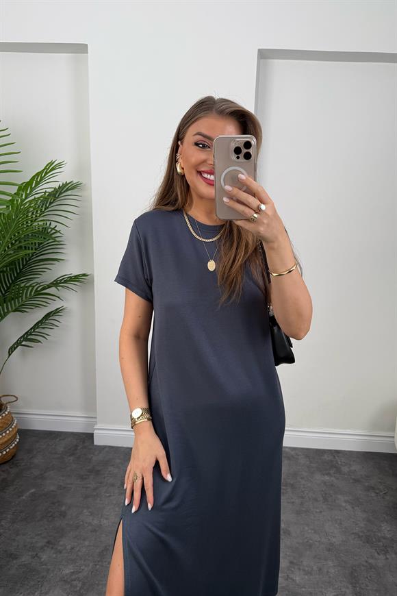 Yanı Yırtmaçlı Midi Boy Basic Elbise Antrasit