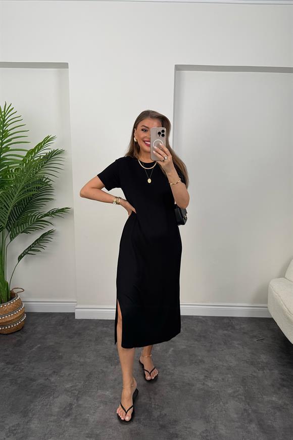 Yanı Yırtmaçlı Midi Boy Basic Elbise Siyah