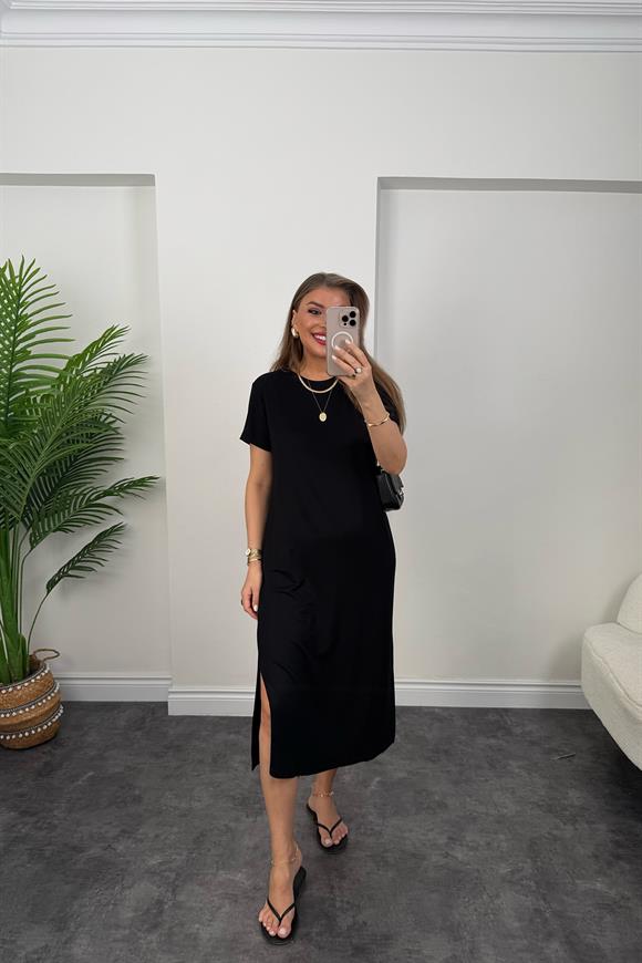 Yanı Yırtmaçlı Midi Boy Basic Elbise Siyah