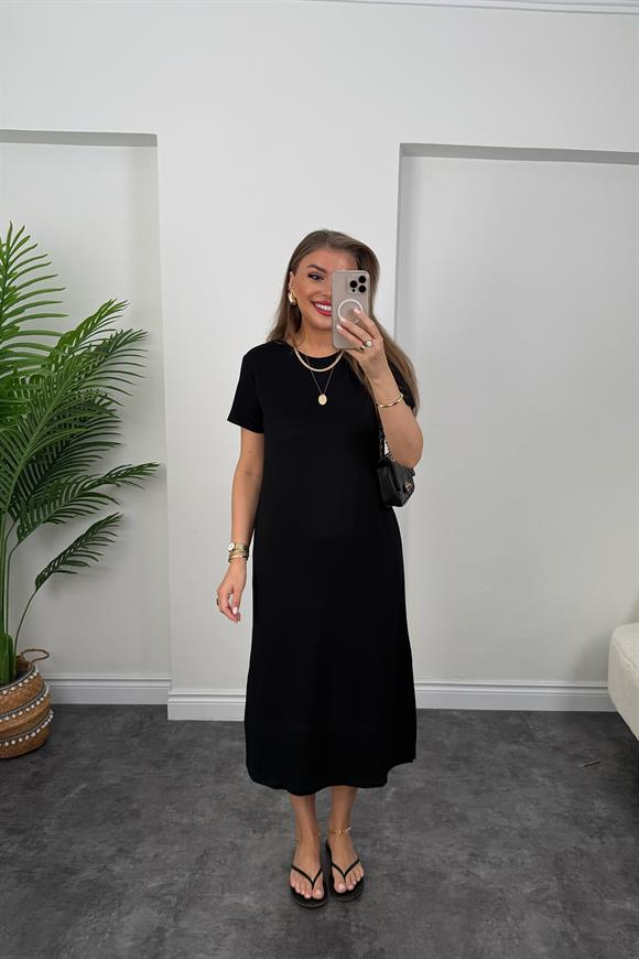 Yanı Yırtmaçlı Midi Boy Basic Elbise Siyah
