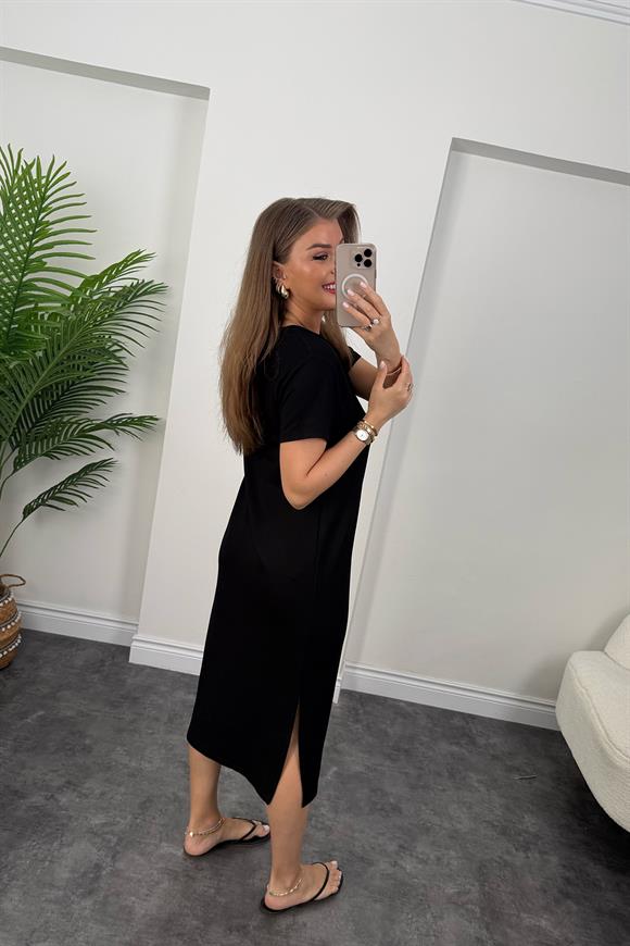 Yanı Yırtmaçlı Midi Boy Basic Elbise Siyah